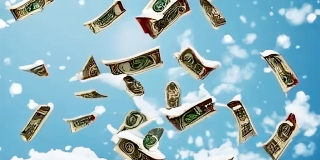 A very, very AI-generated image where money falls down like snow.
